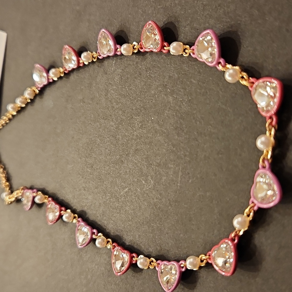Betsey Johnson Gold and Pink Heart Rhinestone Necklace